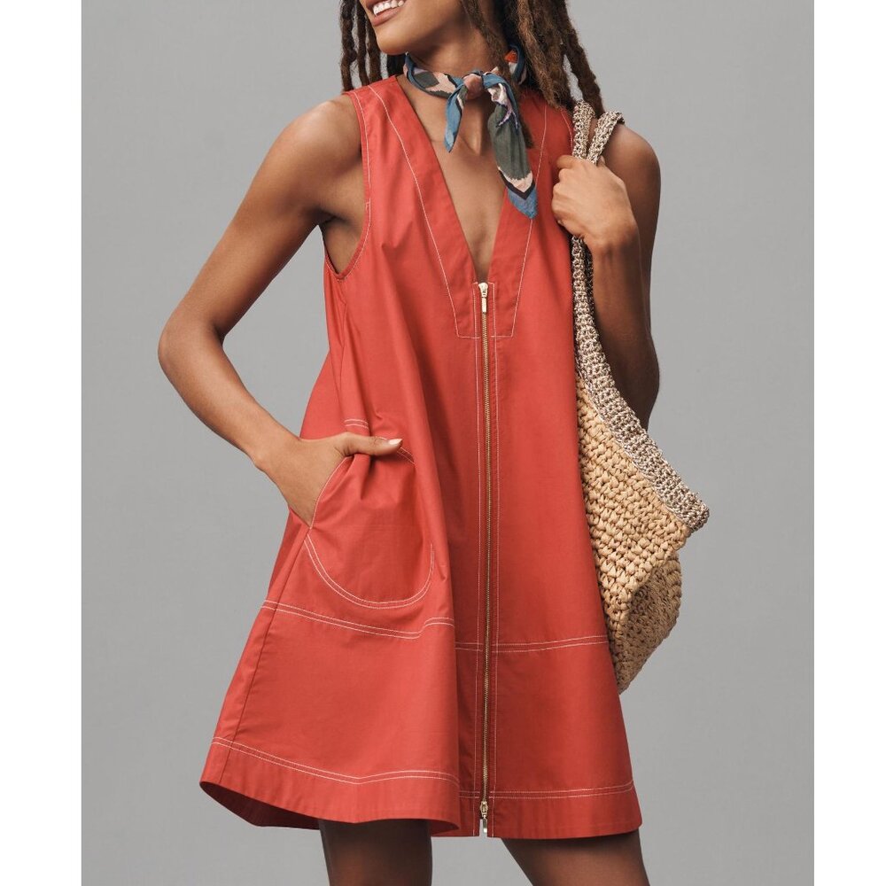 By Anthropologie Sleeveless V-Neck Swing Mini Tunic Dress Red Medium